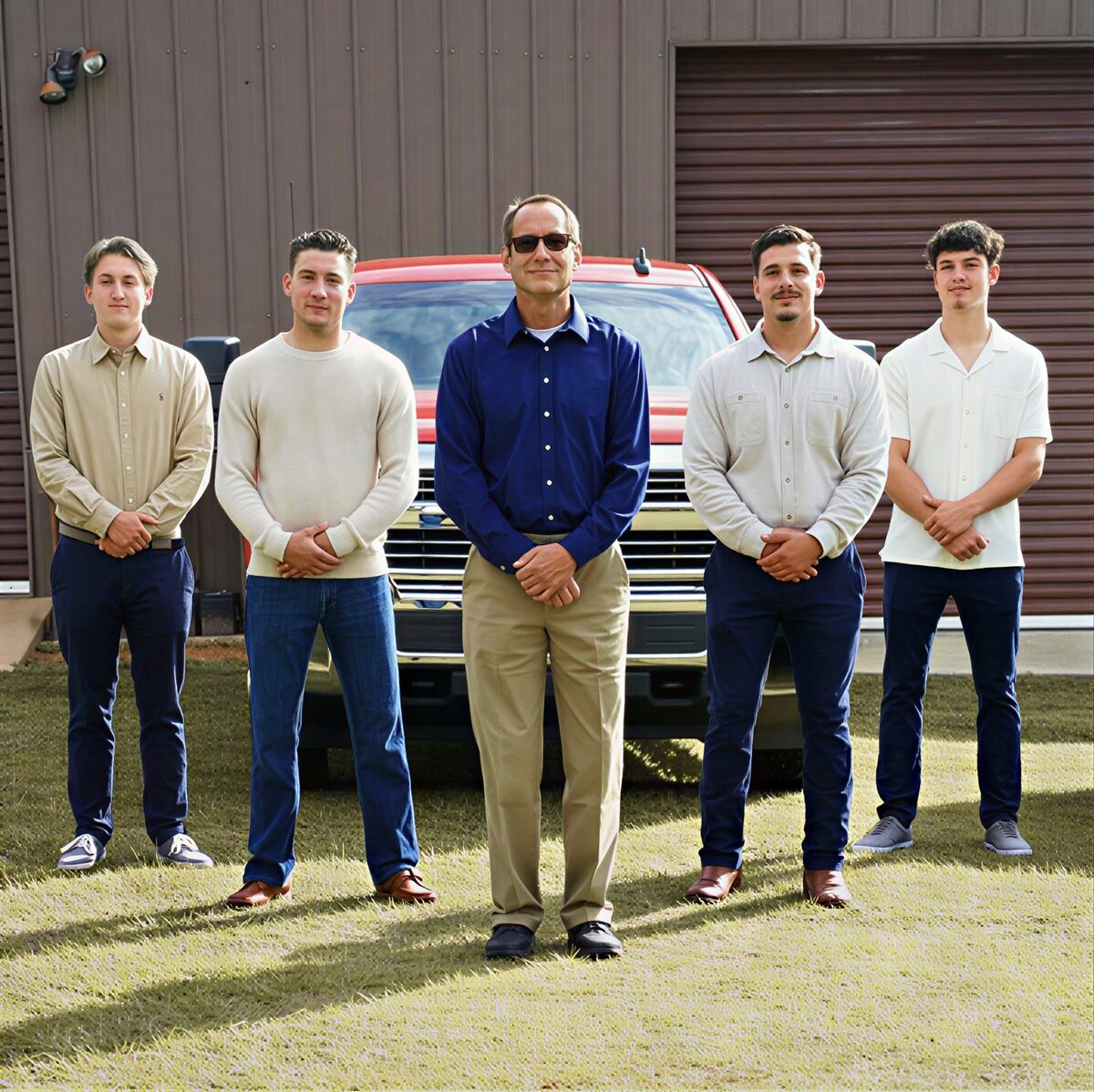 Five men standing in front of a red pickup truck outside a brown garage door, hands clasped, posed group.