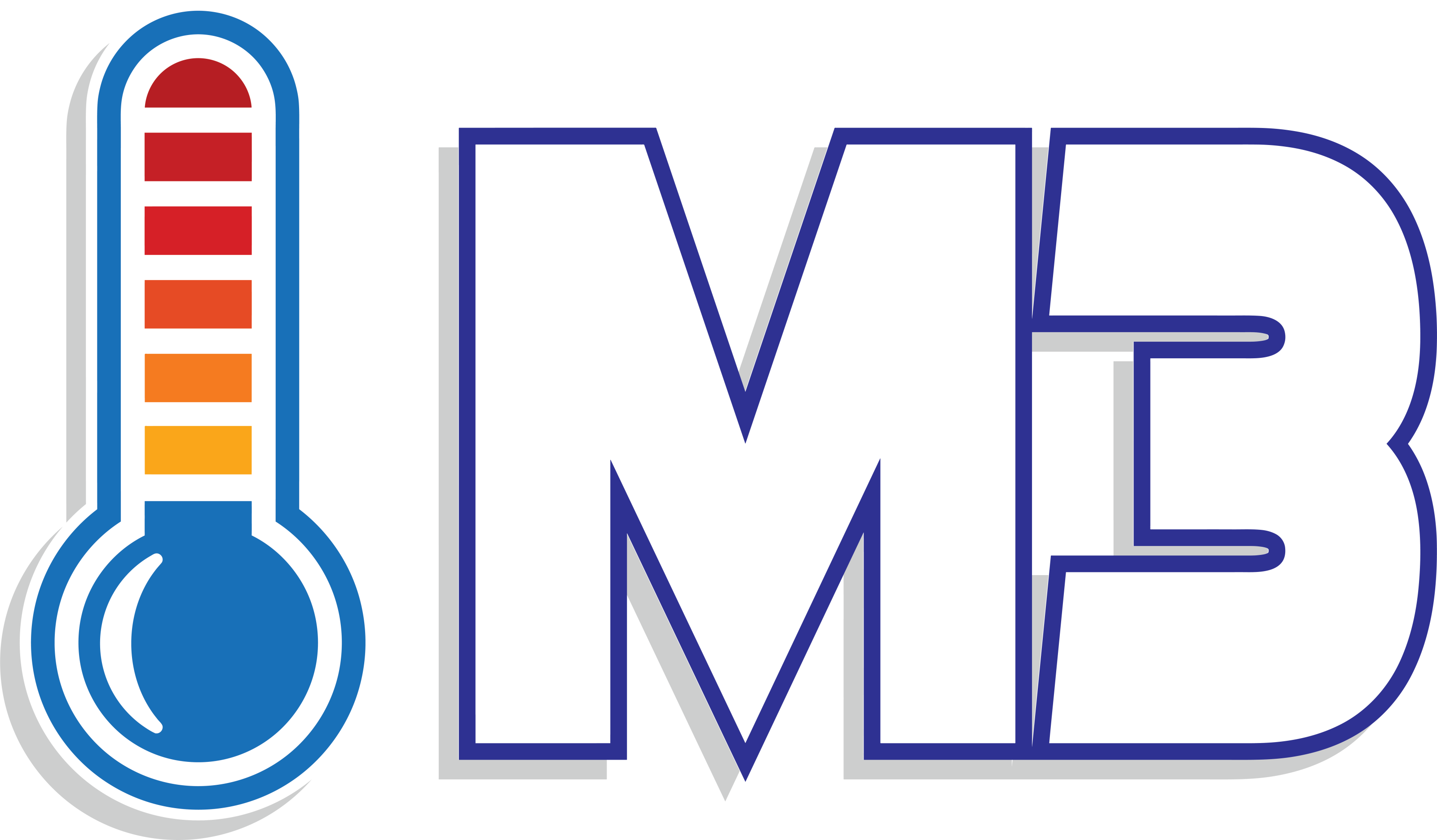 Blue thermometer icon with red-orange scale beside large white outlined letters MB logo