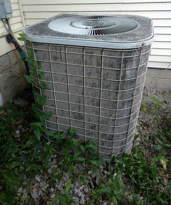 Old outdoor AC condenser overgrown with vines and debris beside house siding