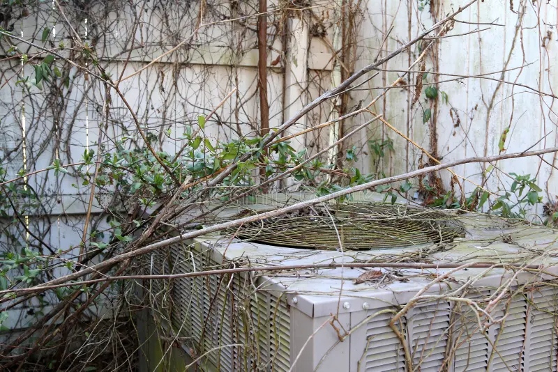 Overgrown HVAC unit covered in vines and branches beside a weathered fence