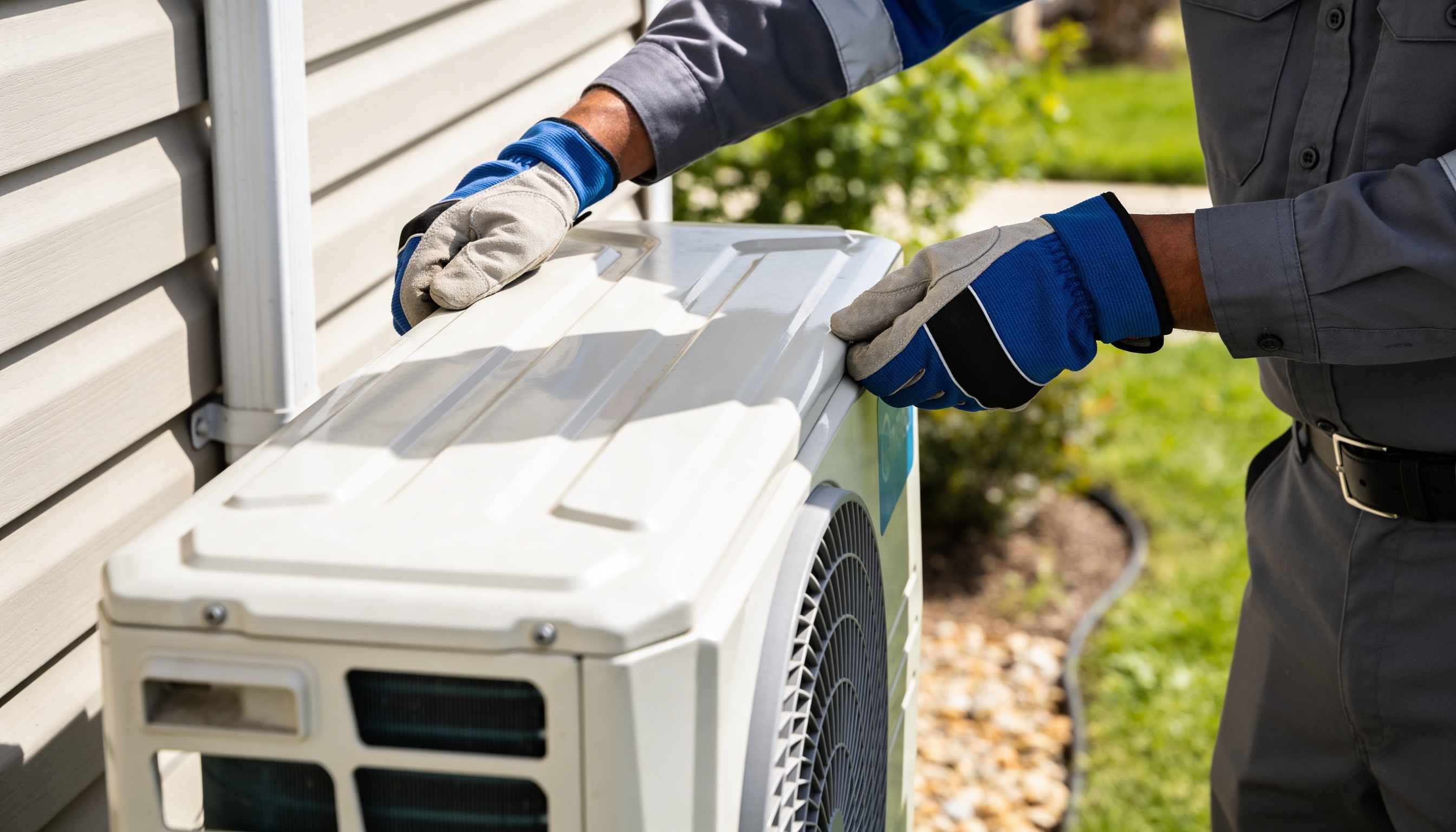 HVAC technician's gloved hands inspecting outdoor AC condenser unit beside house siding