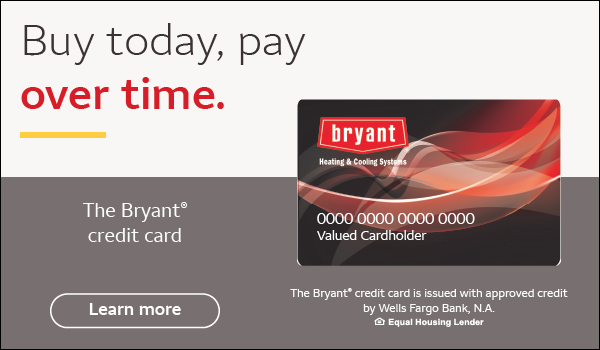 Bryant credit card ad reading 'Buy today, pay over time' with sample card image and Learn More button.